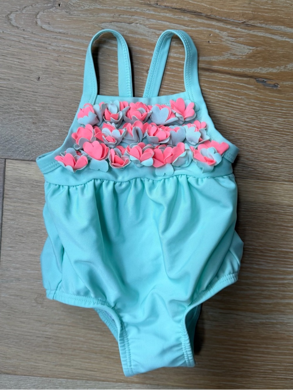 Cat & Jack Aqua One-Piece Swimsuit with Pink Floral Appliqués